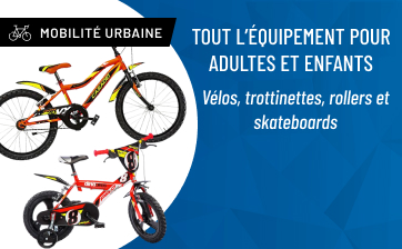 Mobilité urbaine : vélos, trottinettes, rollers, skateboards, casques et rampes 