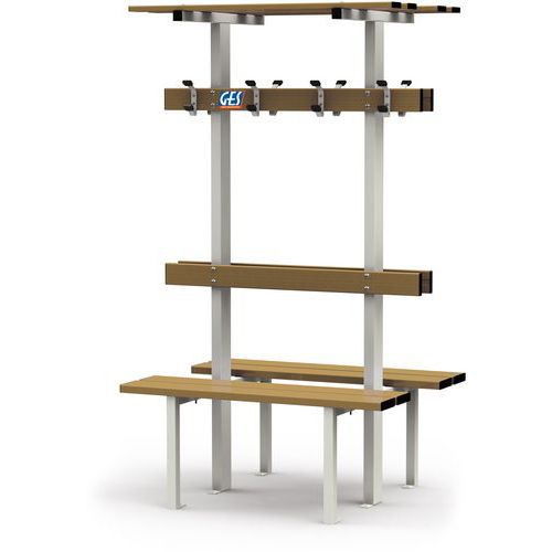 Banc Vestiaire double sur pieds avec porte patères et porte sacs GES Assise Bois