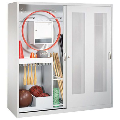 Armoire rangement 2 portes coulissantes perforées avec multiples rangements CP