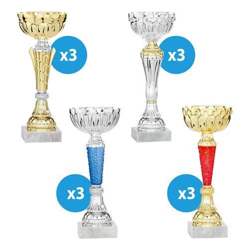 Lot de 12 coupes argent et or - promo - hauteur moyenne de 21 cm. Lot de 12 coupes argent et or - promo - hauteur moyenne de 21 cm.