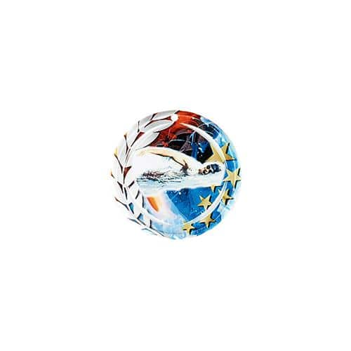 Médaille natation bleu et rouge avec étoiles et couronne laurier - céramique et ruban bleu inclus - 70mm.