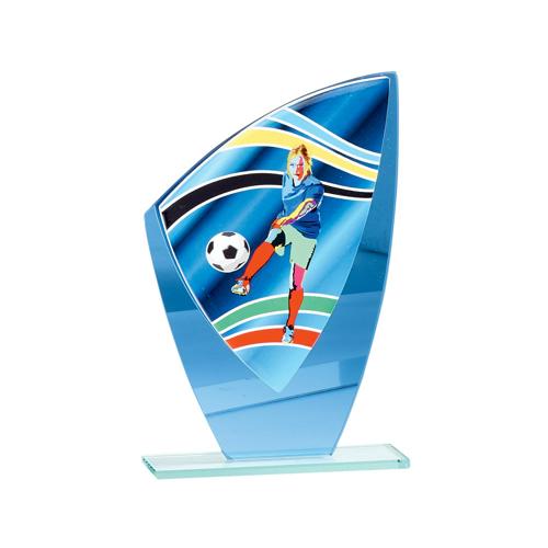 Trophée foot féminin bleu verre - 22cm. Trophée foot féminin bleu verre - 22cm.