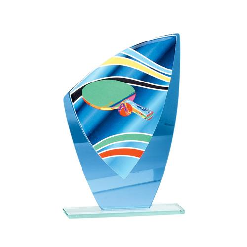 Trophée tennis de table bleu verre - 22cm. Trophée tennis de table bleu verre - 22cm.