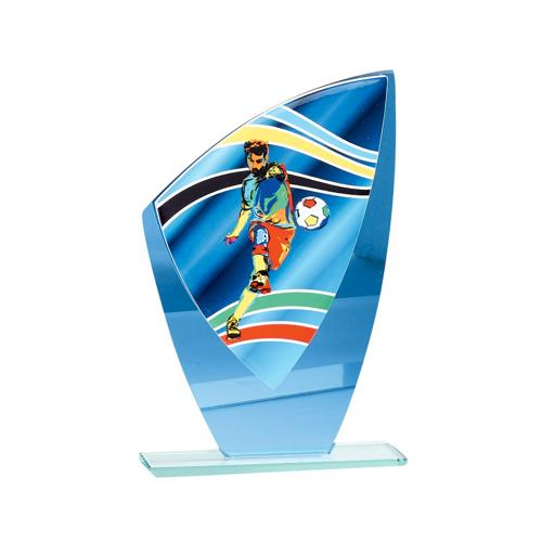 Trophée foot bleu - joueur verre - 24cm. Trophée foot bleu - joueur verre - 24cm.