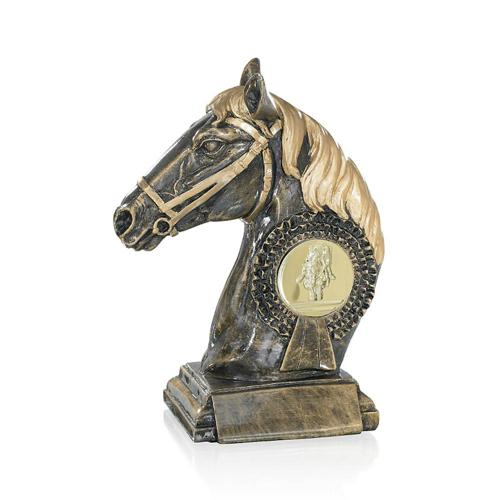 Trophée équitation avec tête cheval cuivrée - résine 23cm. Trophée équitation avec tête cheval cuivrée - résine 23cm.