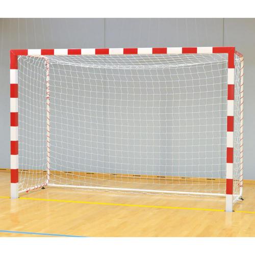 Paire de buts de hand compétition GES mobiles en acier, bandes bicolores, arceaux fixes, barre de stabilisation Paire de buts de hand compétition GES mobiles en acier, bandes bicolores, arceaux fixes, barre de stabilisation